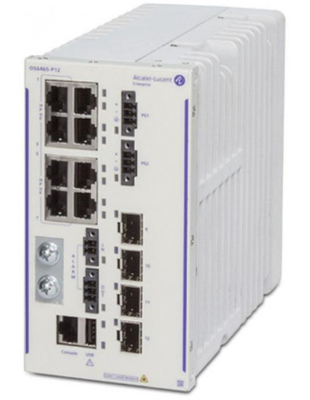 OS6465T P12 Switch  AC PSU and EU Cord PoE+  2 Gig combo  2 SFP ports  1RU x 1/2 rack